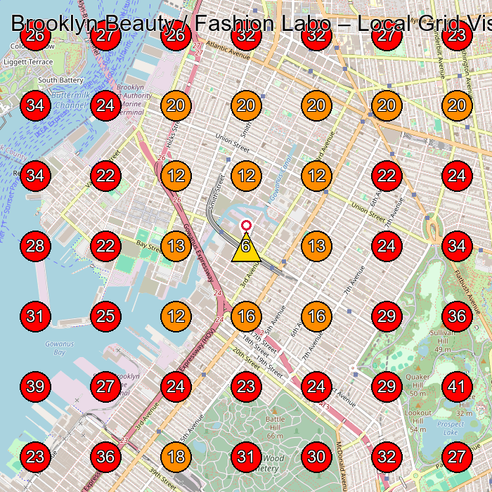 Brooklyn Beauty / Fashion Labo GeoGrid visibility map for Nail Salon in Brooklyn